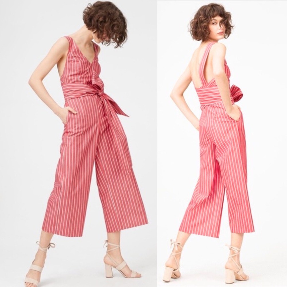 Club Monaco Agrikah Jumpsuit, Size 00, Red and white stripe tie waist cropped